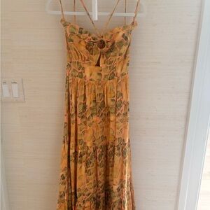 Karina Grimaldi Orange and Green Leaf Print Maxi Dress